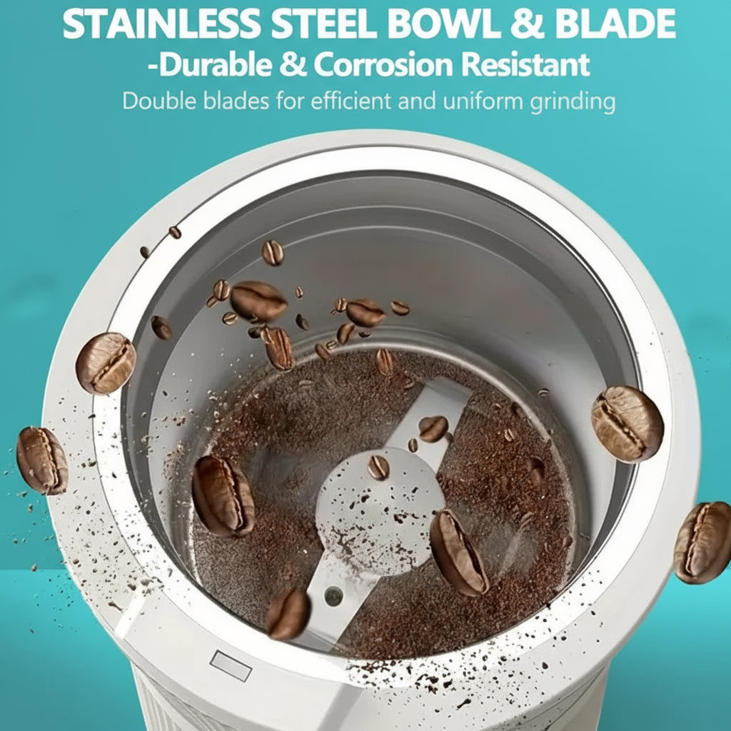 Coffee grinder with coffee beans and text about stainless steel bowl and blade durability.