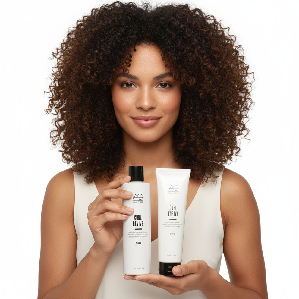 AG Hair Care Curl Revive shampoo bottle and Curl Thrive conditioner tube on a white background