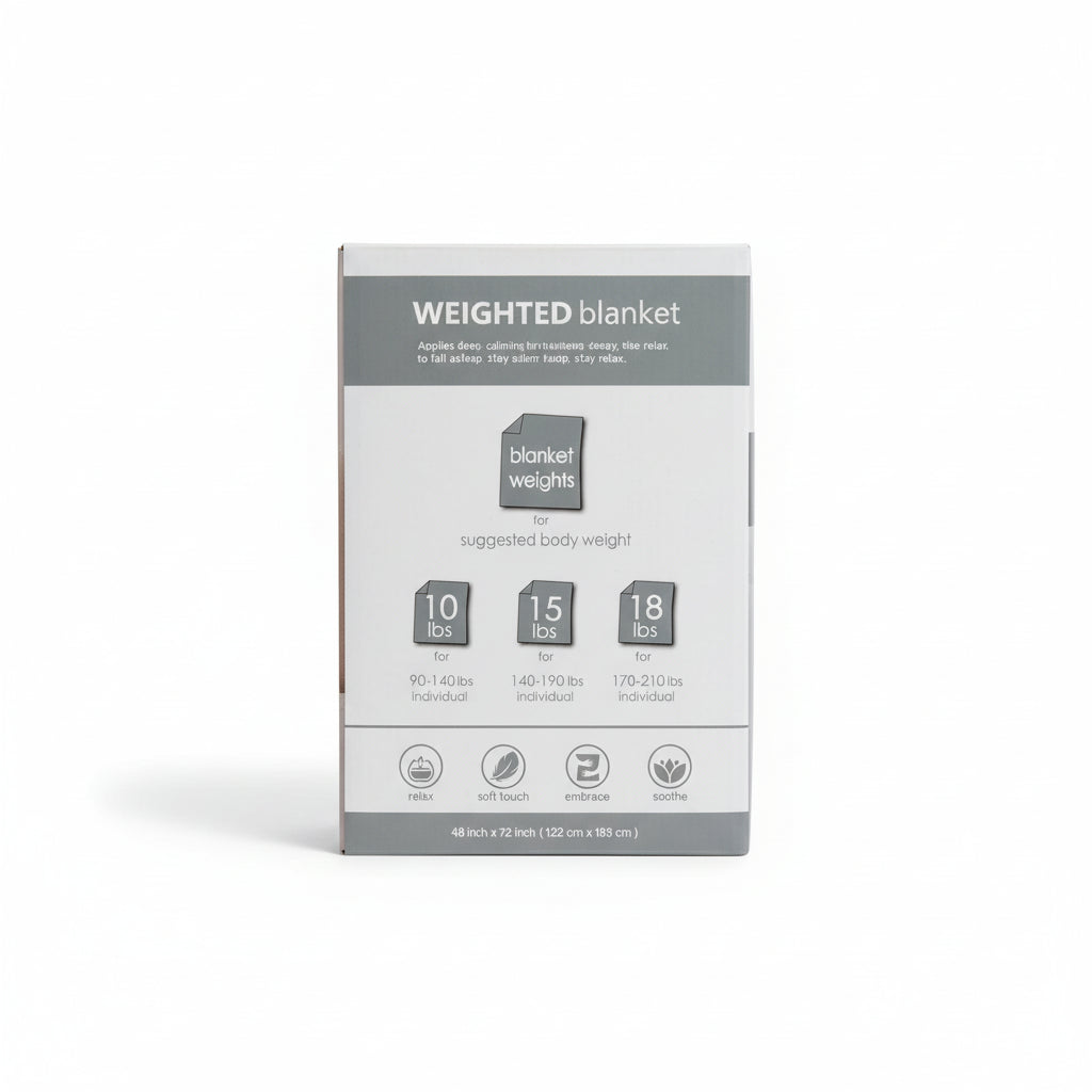 Box of a weighted blanket with weight and size information on a wooden surface