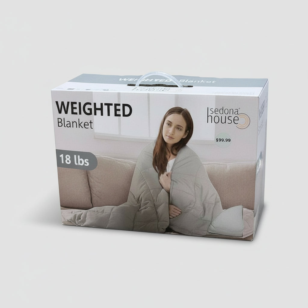 Box of Sedona House weighted blanket with a woman on a couch