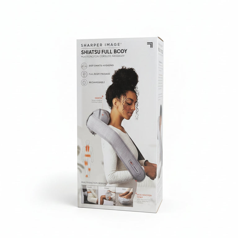 Box of a Sharper Image Shiatsu full body massage device with a woman using it.