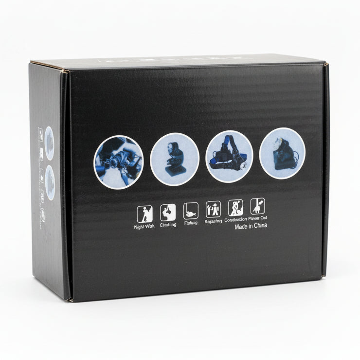 Black box with icons and text on a cardboard background