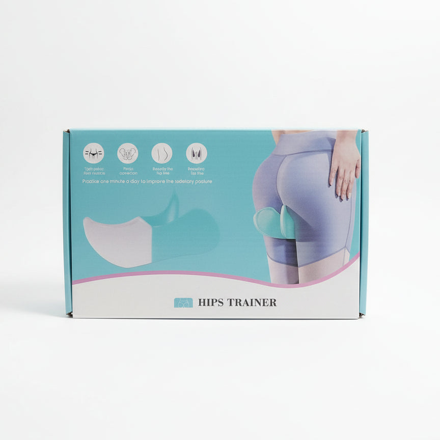 Box of a hips trainer with a blue and white design.