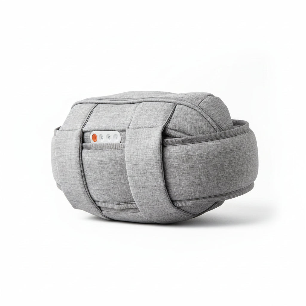 Gray baby carrier on a mannequin with a neutral background