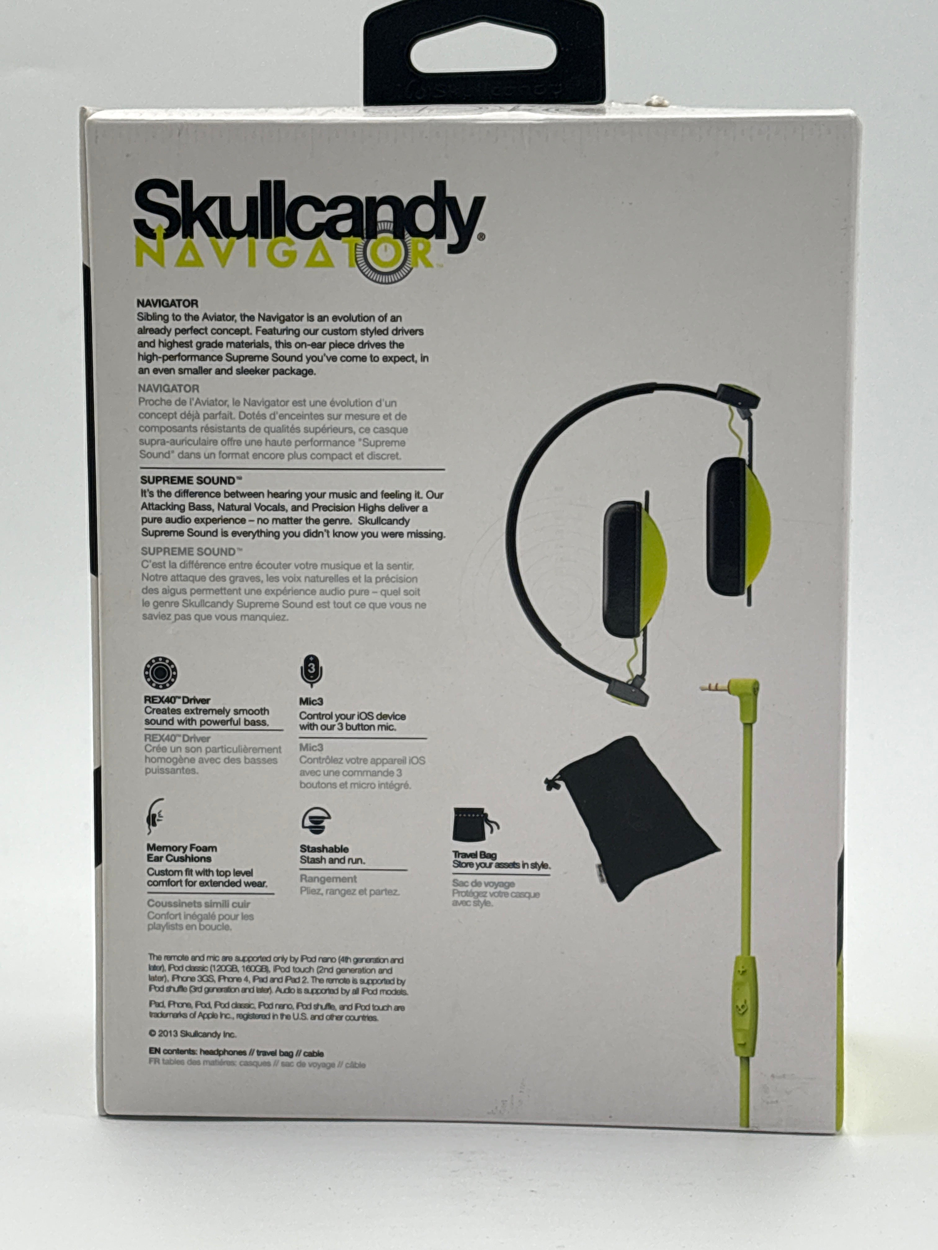 Skullcandy Navigator wired headphones in black and green with inline microphone and carrying pouch