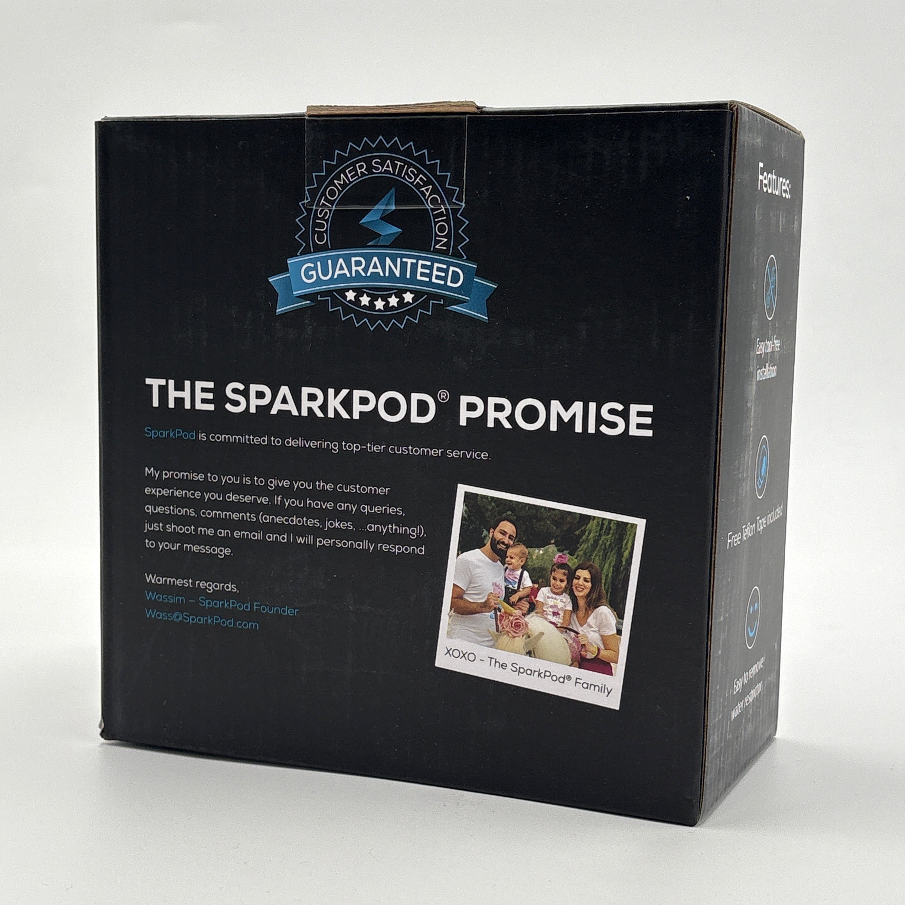 Box packaging of luxury shower head black matte by Dollars Universe LLC with SparkPod Promise