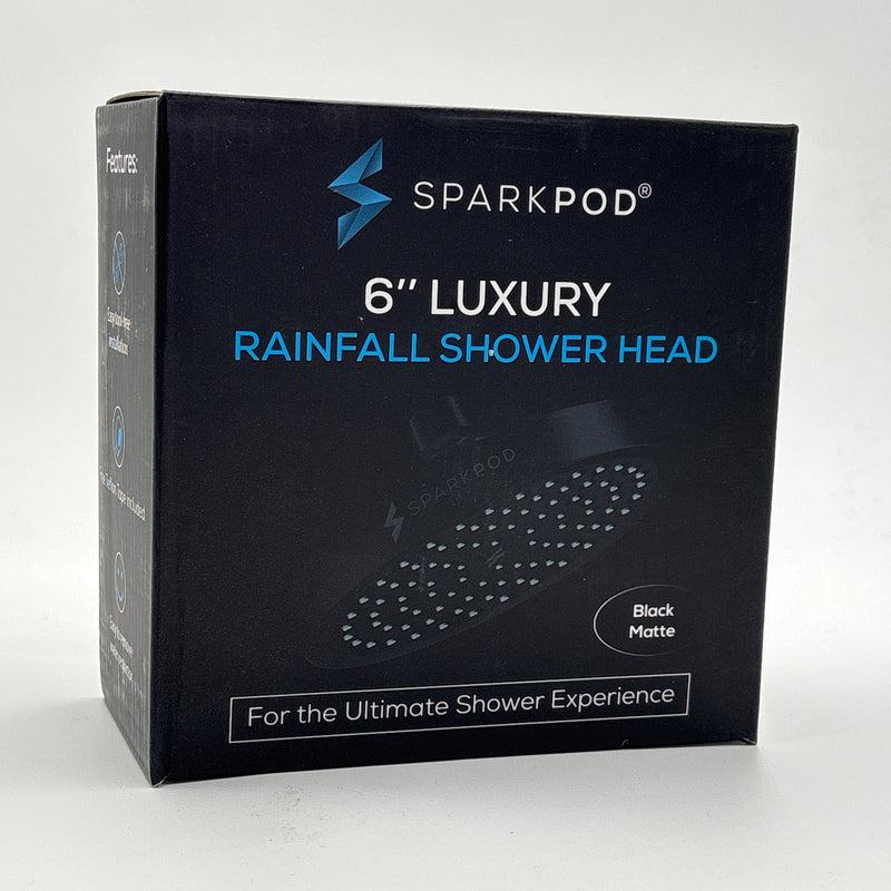 Luxury shower head black matte 6 inch rainfall shower head by Sparkpod in sleek black packaging