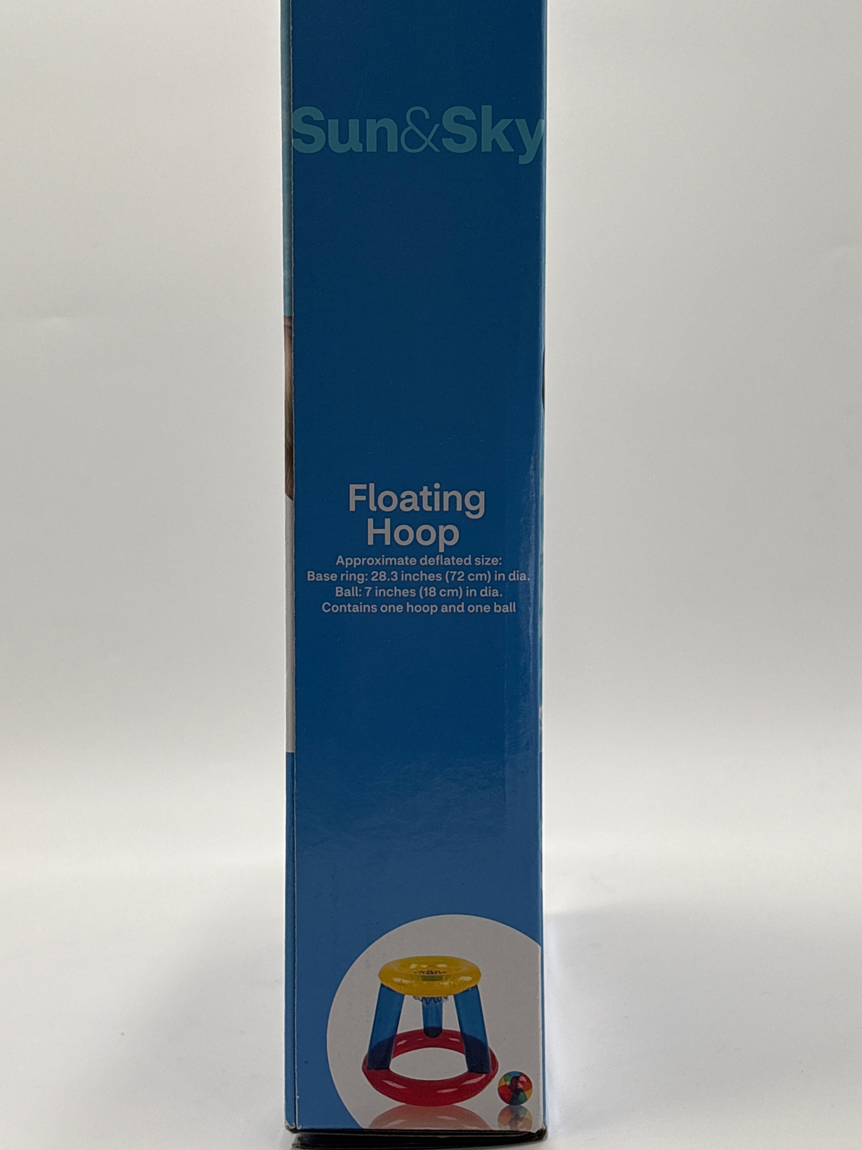 Sun&Sky floating basketball hoop for pool with colorful base and included ball shown on packaging