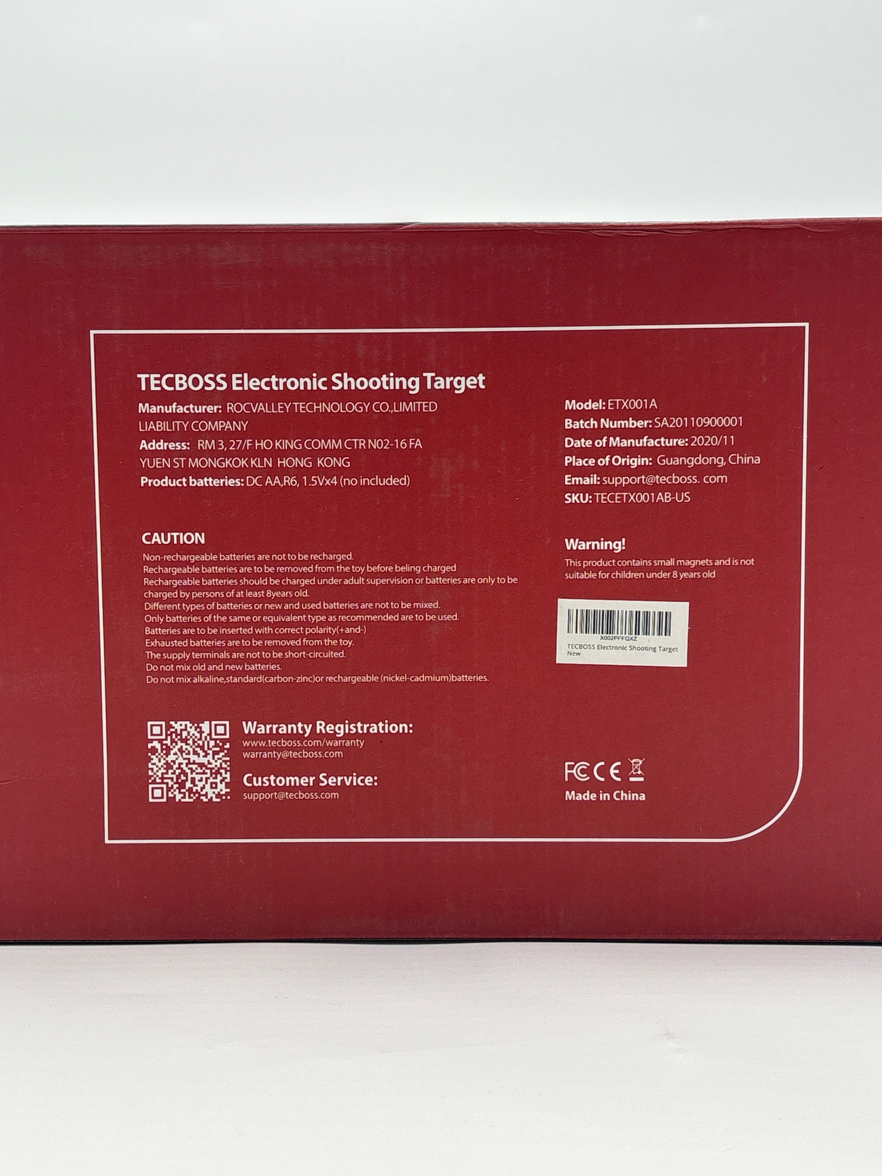 Tecboss electronic shooting target for kids product box with model and safety information