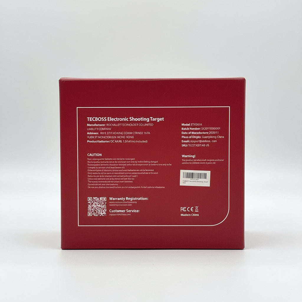 Tecboss electronic shooting target for kids product box with model and safety information