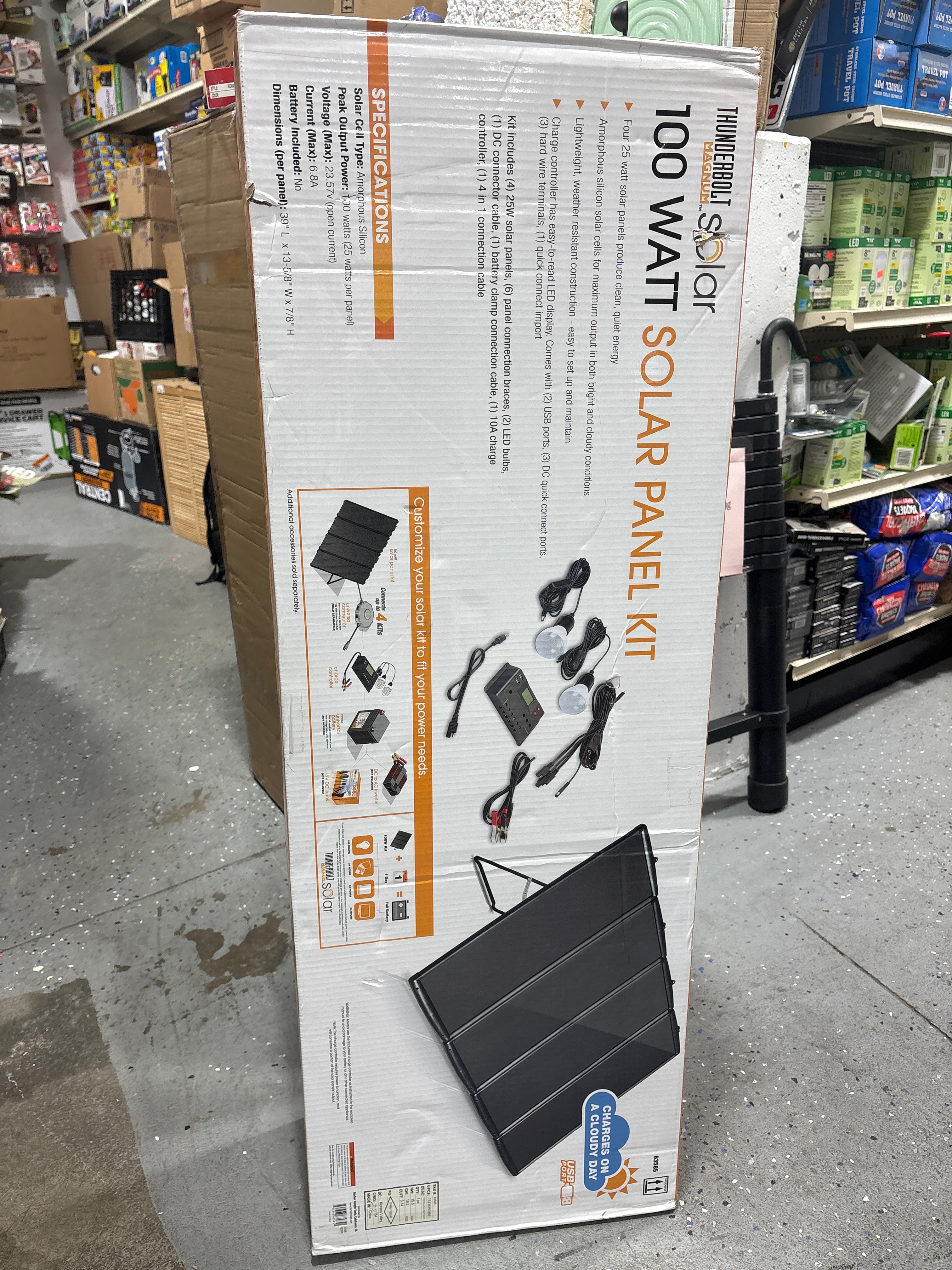 Thunderbolt Magnum solar panel 100 watt solar panel kit by DOLLARS UNIVERSE LLC in retail packaging