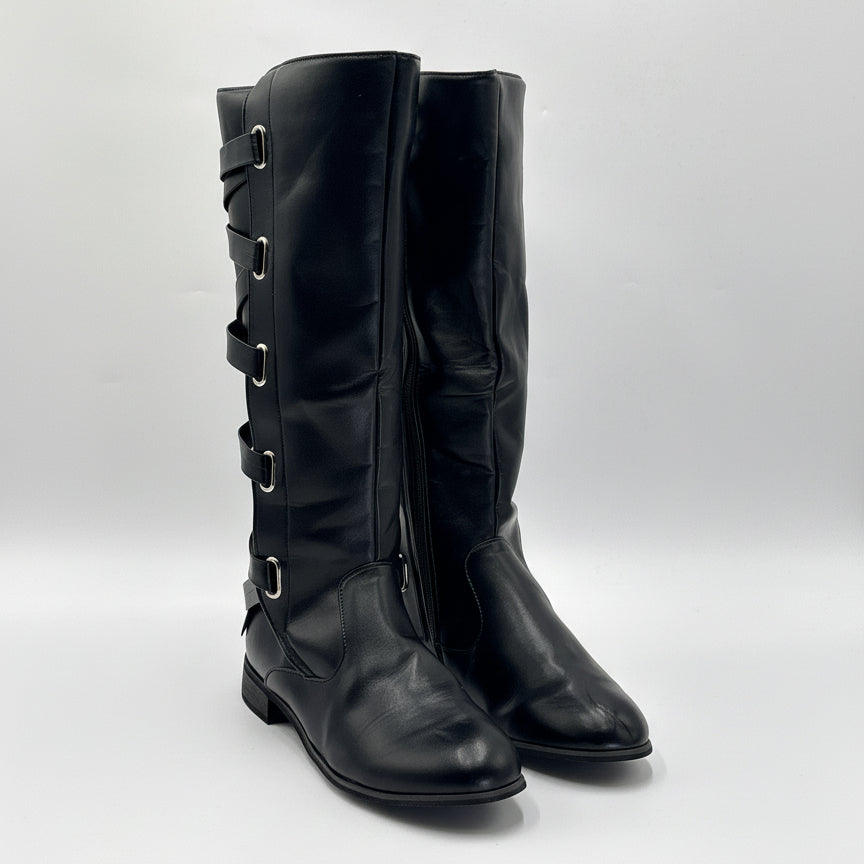 Black leather women's knee high boots sale featuring buckle straps and low heels