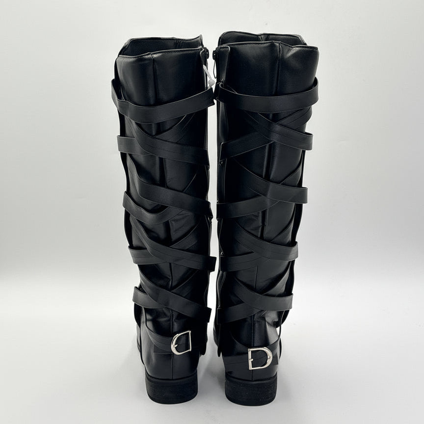 Black leather women's knee high boots with multiple straps and silver buckles women's knee high boots sale