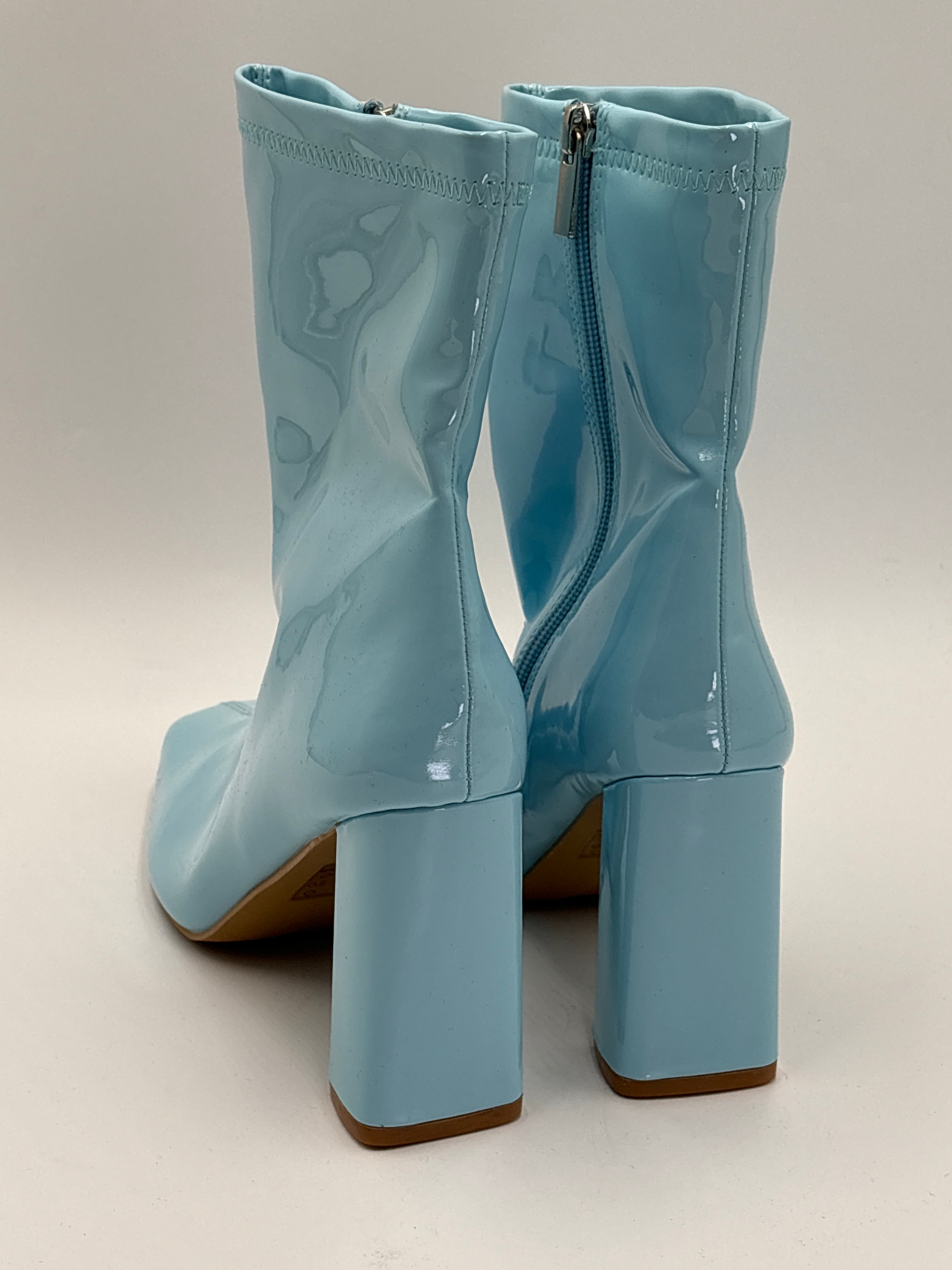 Glossy light blue women's knee high boots sale with block heels and back zipper