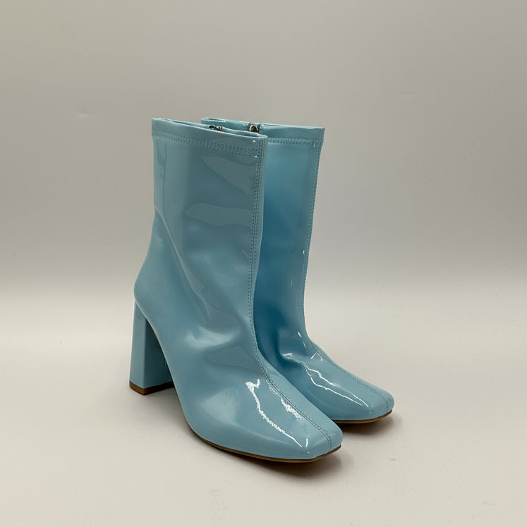 Light blue shiny women's knee high boots sale with block heels by DOLLARS UNIVERSE LLC