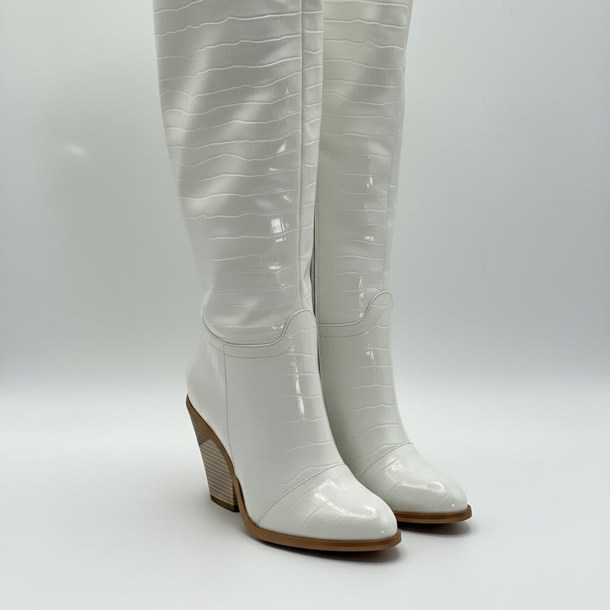 White croc texture women's knee high boots sale with stacked wooden heels from Dollars Universe LLC