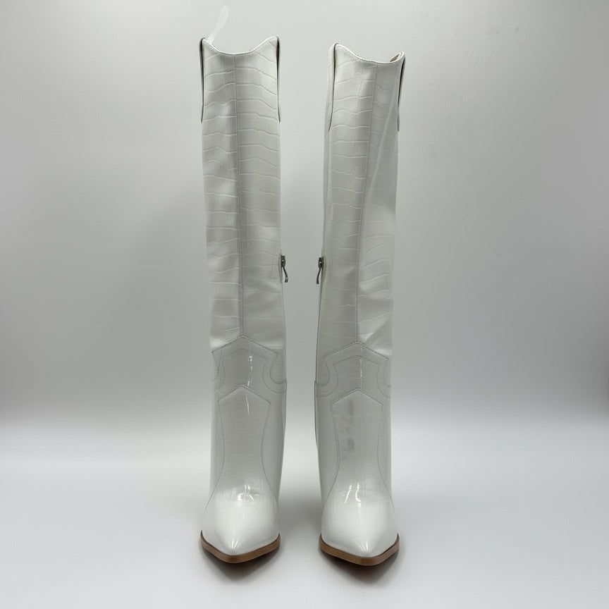 White patent leather women's knee high boots sale with pointed toes and block heels